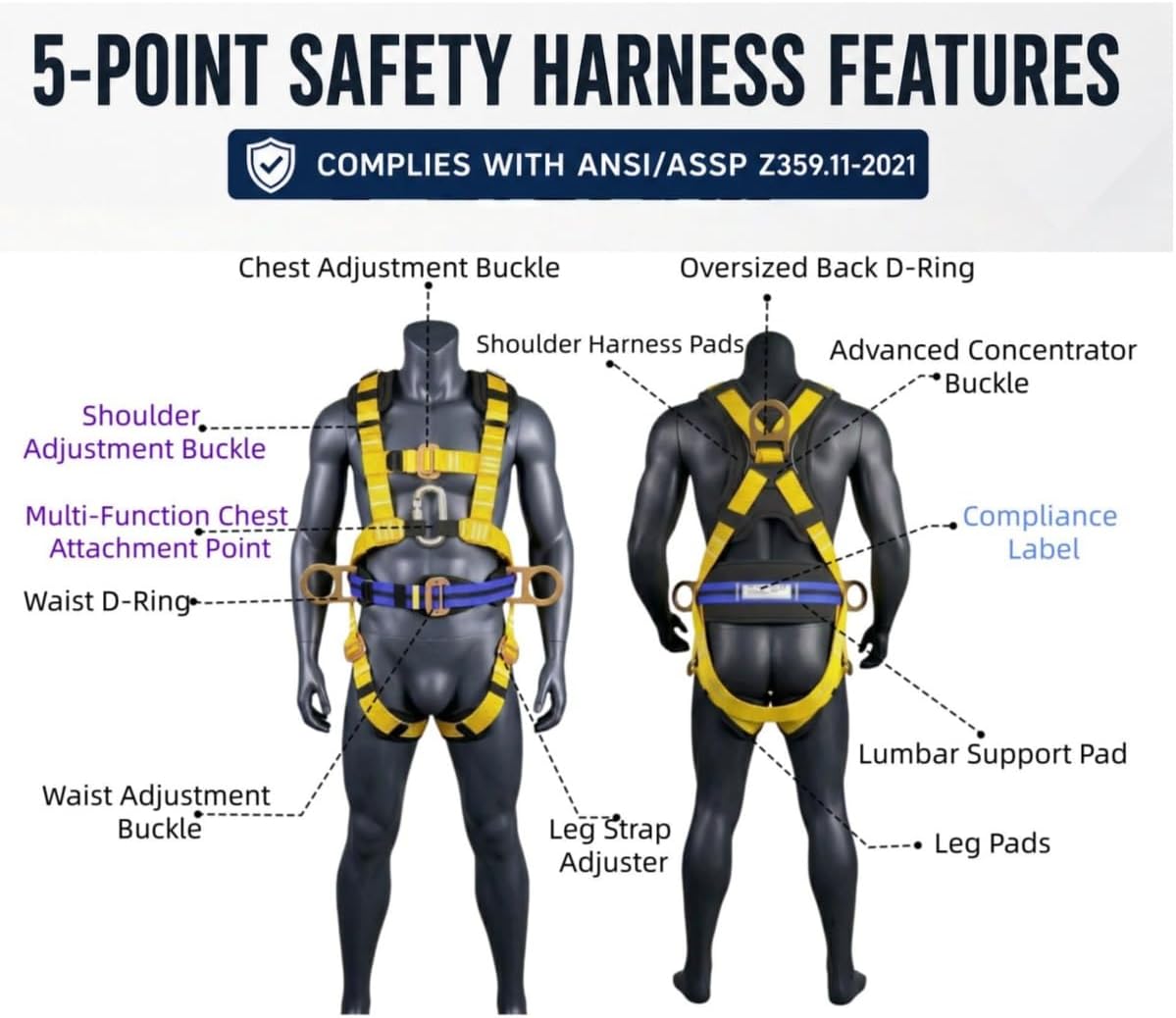 50FT Roofer's Safety Bucket Kit – Upgrade Safety Harness, Roof Anchor, Reusable Roofing Knee Pads，and 50ft Vertical