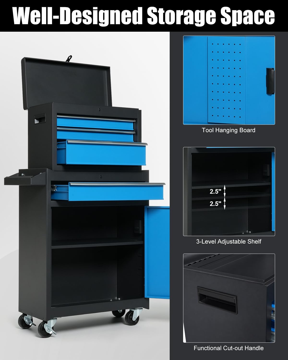 4-Drawer Rolling Tool Chest, 2-in-1 Storage Toolbox, Blue & Black