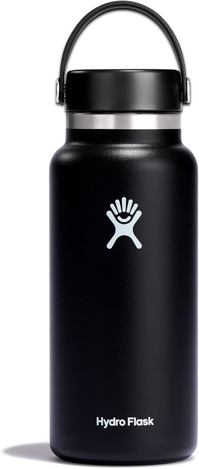 Water Bottle - Insulated Stainless Steel - Wide Mouth Flex Lid, Non Spill, Leakproof and Refillable in 32 Oz Black