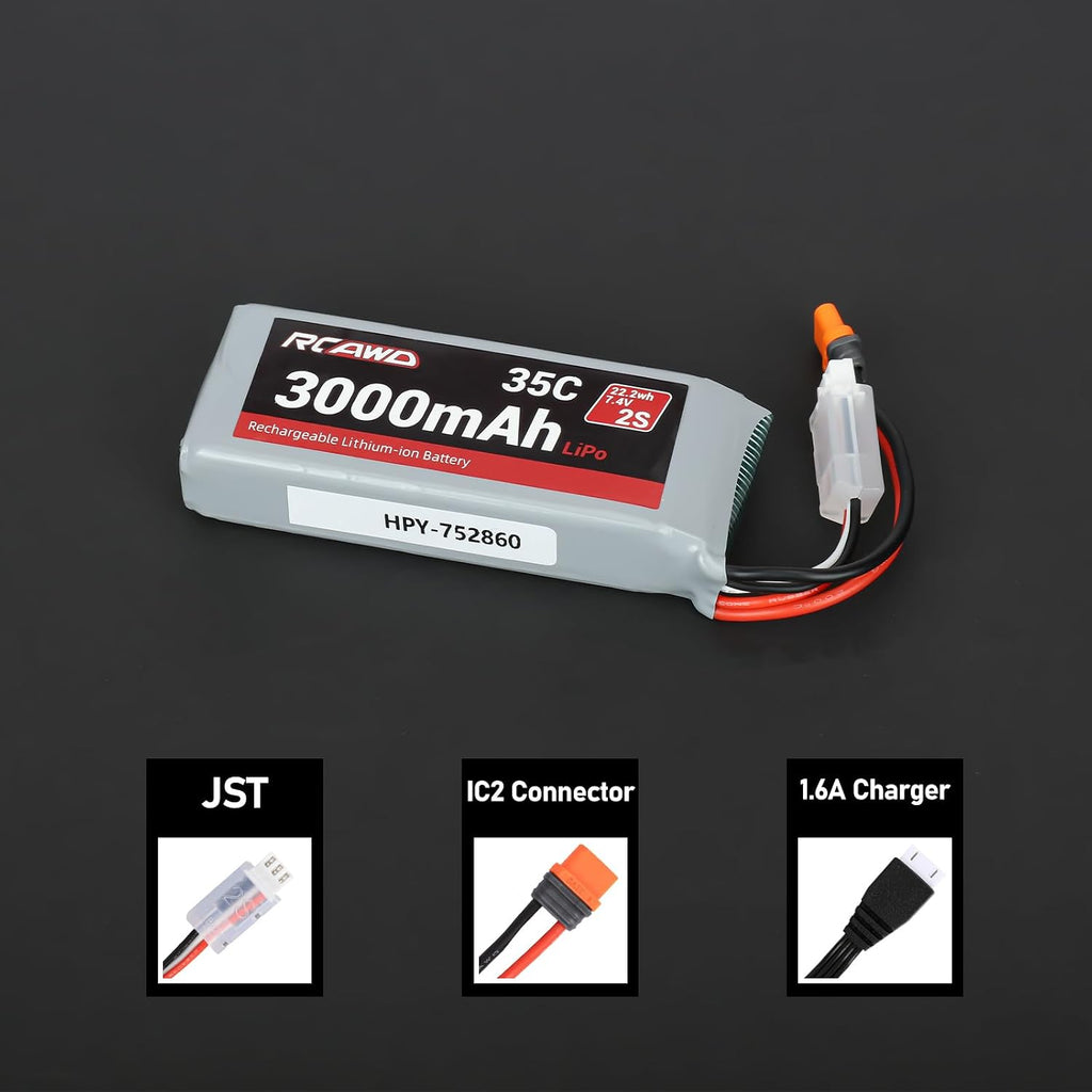 7.4V Lipo Battery 2S 35C with JST Plug IC2 Connector and 3S 7.4V 1.3A Charger for 1/12 Losi Brushed Arrma Grom 2S