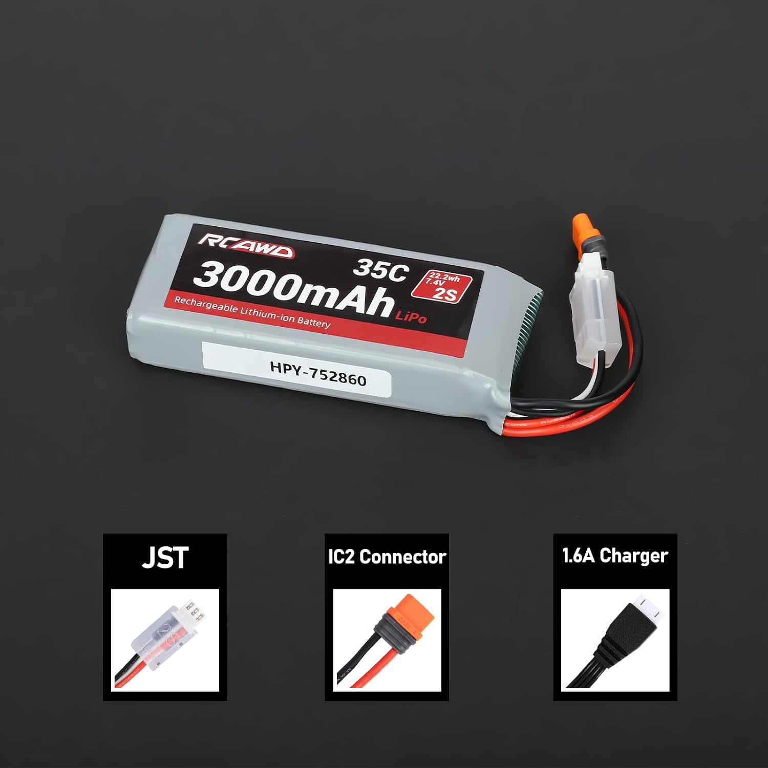 7.4V Lipo Battery 2S 35C with JST Plug IC2 Connector and 3S 7.4V 1.3A Charger for 1/12 Losi Brushed Arrma Grom 2S
