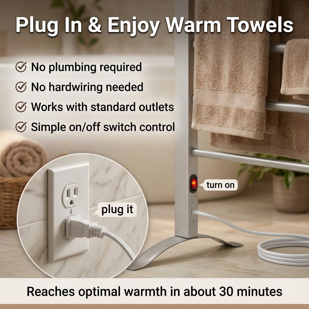 TW300 Towel Warmer Rack for Bathroom – 6-Bar Electric Heated Towel Rack, Wall Mounted or Freestanding Setup, Plug-In