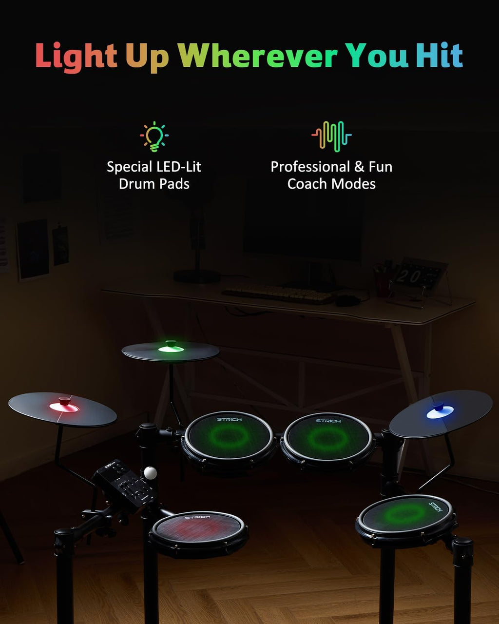 Electric Drum Set with Mesh Heads, LED Light-Up Drum Pads, USB MIDI, Quiet Foldable Electronic Drum Kit with