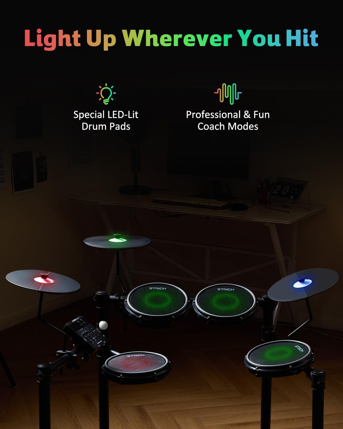 Electric Drum Set with Mesh Heads, LED Light-Up Drum Pads, USB MIDI, Quiet Foldable Electronic Drum Kit with