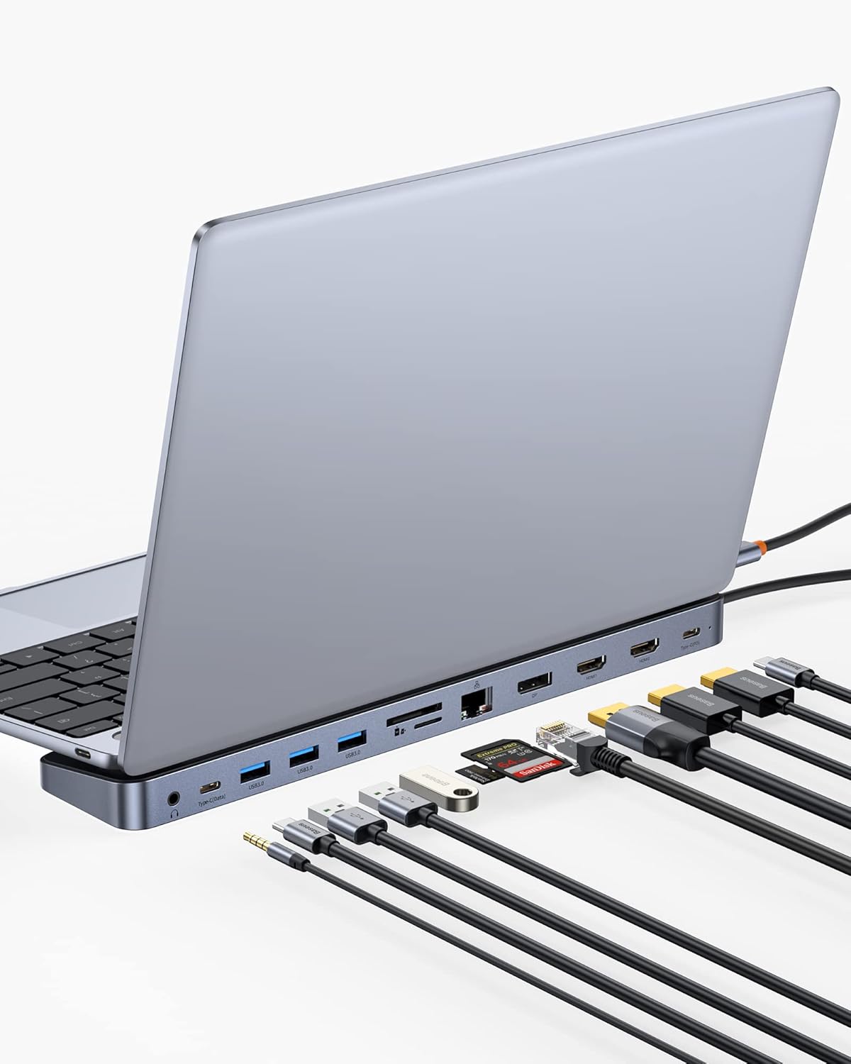 Laptop Docking Station, 4K Multitasking Docking Station with 2 HDMI+DP, PD, 3 USB-A, RJ45, Audio, TF/SD Card Reader