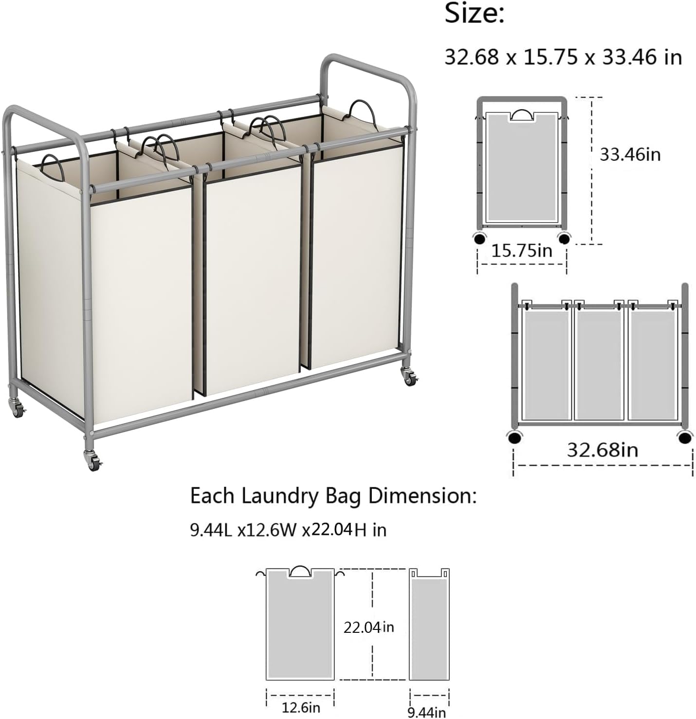 3 Section Laundry Hamper, Beige Laundry Basket 135L Laundry Sorter | Laundry Room Organization with Heavy Duty