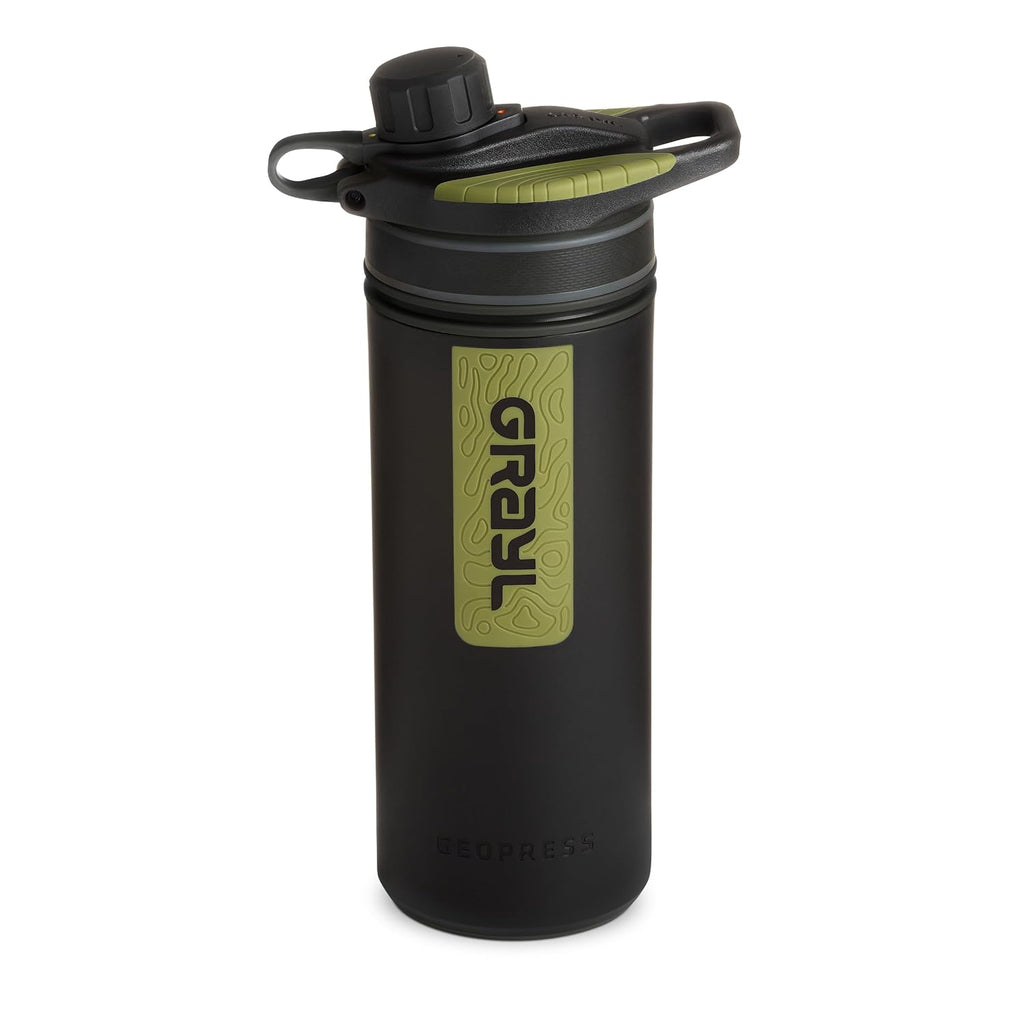 GeoPress 24 oz Water Purifier Bottle - Filter for Hiking, Camping, Survival, Travel (Black Camo)