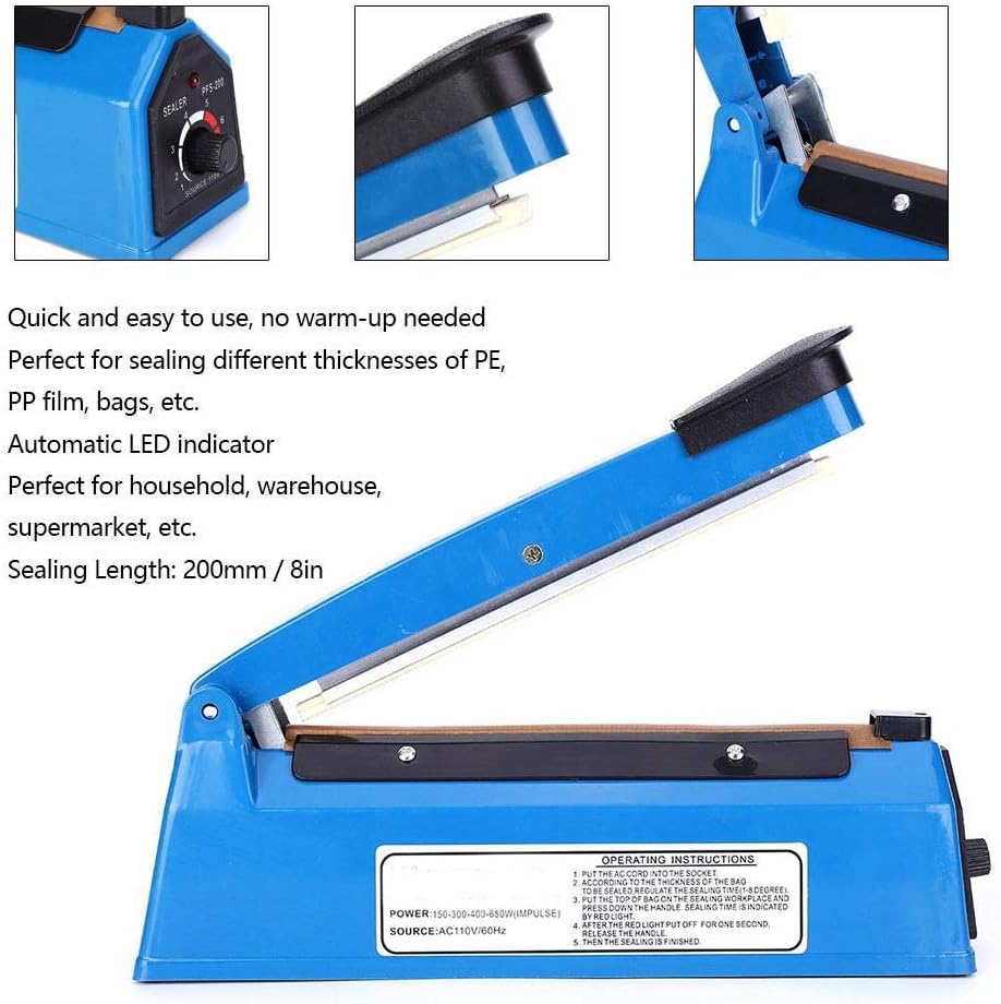 Impulse Bag Sealer, Manual Adjustable Heat Sealing Machine with LED Indicator 8 Inch 210W PE PP Plastic Bag Closer