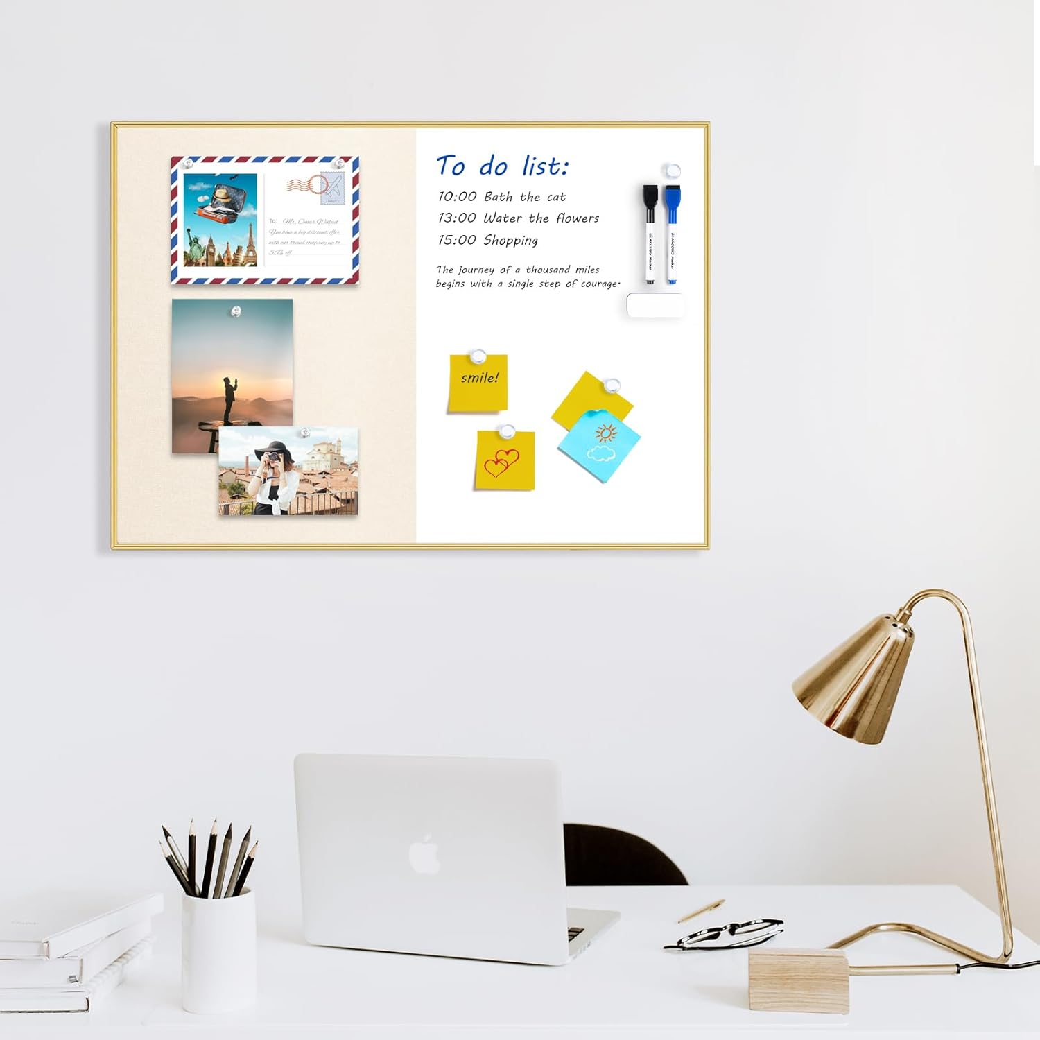 Dry Erase Cork Board Combo, 24"X18" Whiteboard with Linen for Wall, Magnetic Dry Erase Bulletin Board, Vision Board