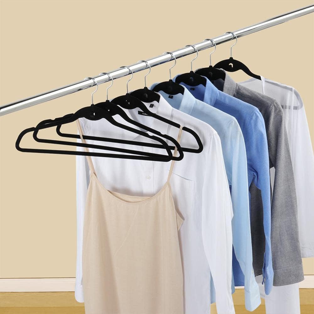 100 Pack Velvet Hangers, Non-Slip Cascading Design, Swivel Hook | 360° Swivel Hook: Easily adjust hanging direction