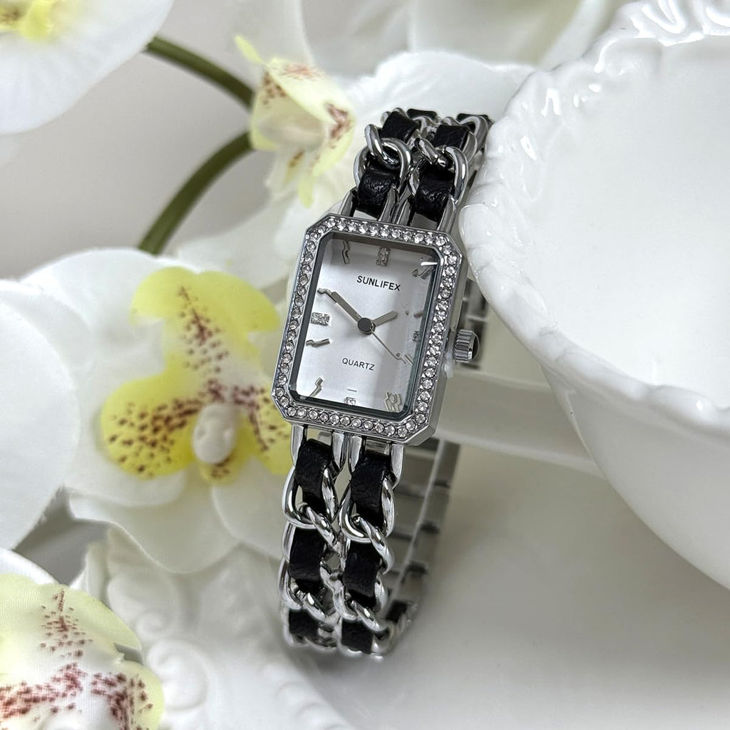 Elegant Womens Square Bracelet Watch, Chain Braid Band Quartz Watch | Retro Dress Design, Lightweight Fit, Adjustable