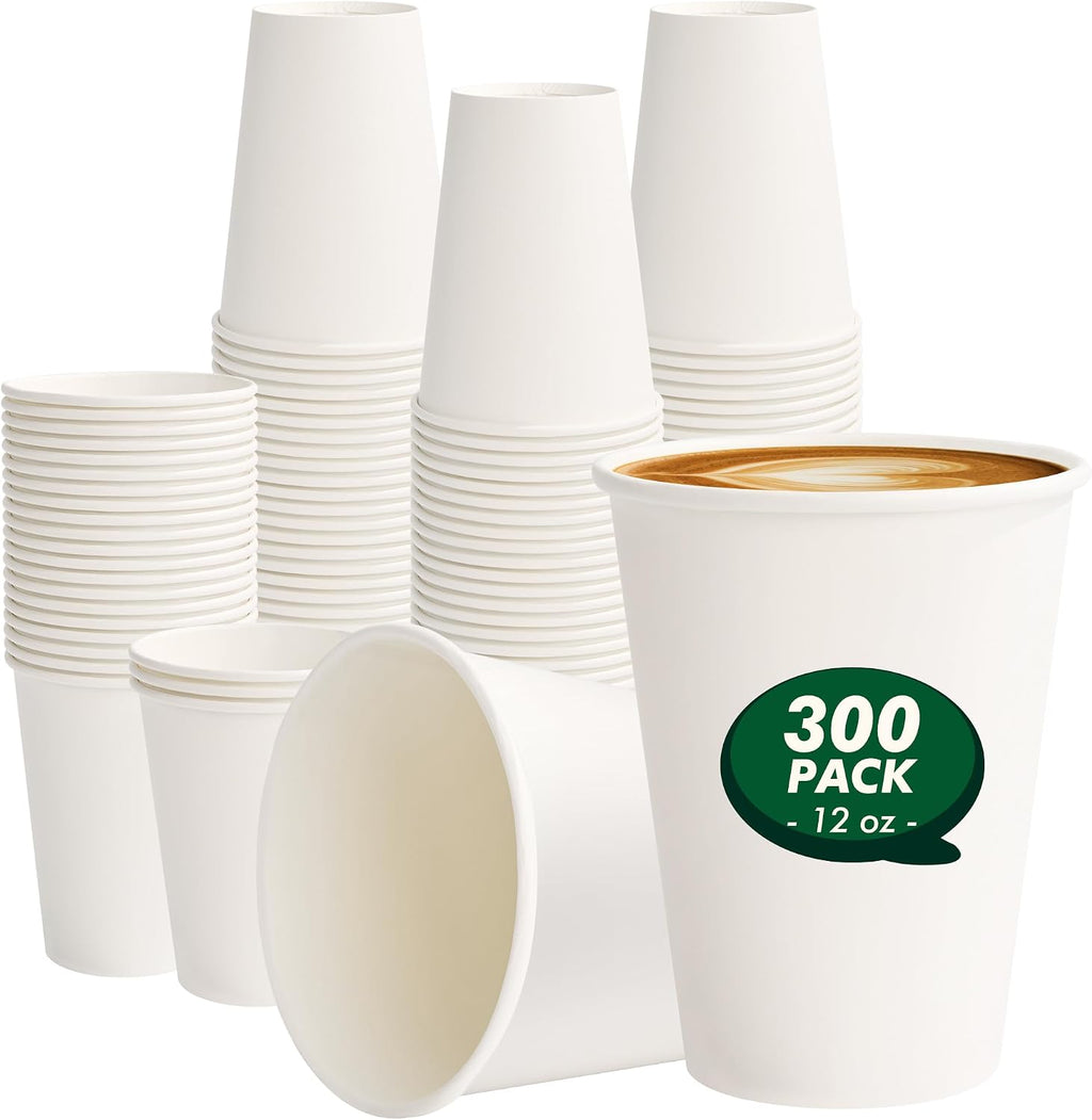 12 oz Paper Coffee Cups, 300 Pack, White