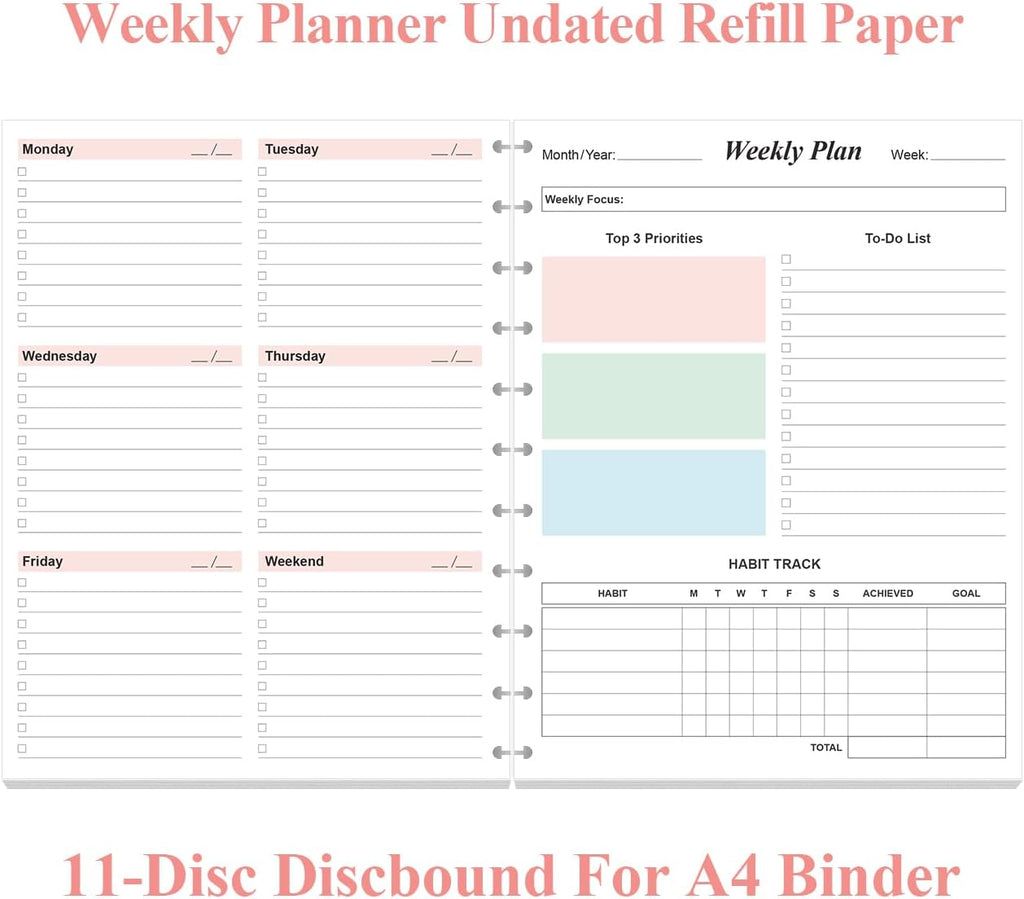 Weekly Planner Undated Refills - Letter Size 53 Sheets/106 Pages Colorful Weekly Planner for 11-Disc Discbound, TUL