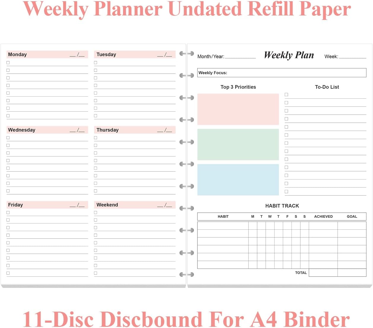 Weekly Planner Undated Refills - Letter Size 53 Sheets/106 Pages Colorful Weekly Planner for 11-Disc Discbound, TUL