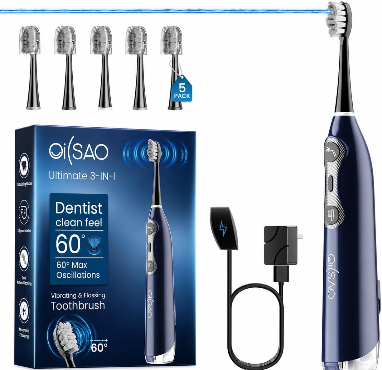 Electric Toothbrush with Water Flosser for Adults, 3-in-1 Sonic Brush & Floss Combo, Cordless Oral Irrigator with 5