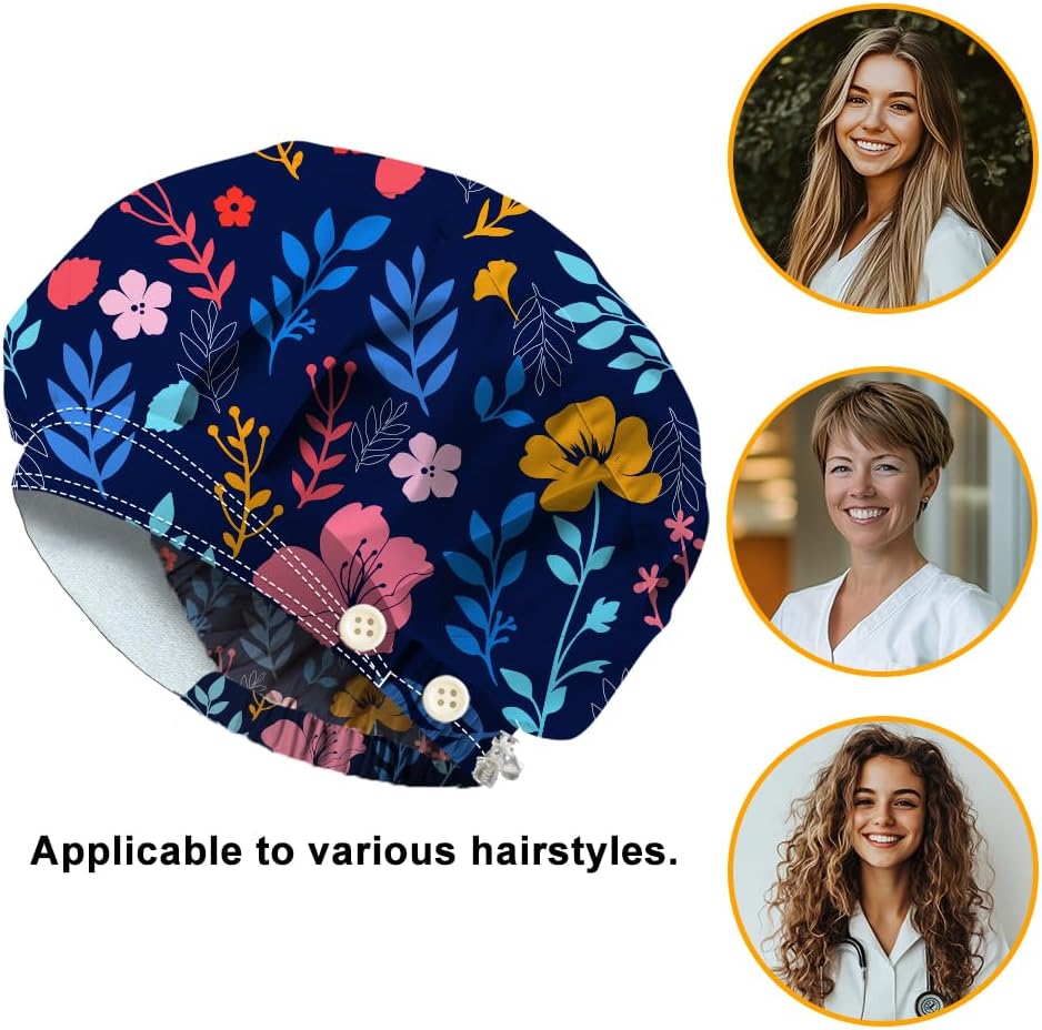 Bouffant Scrub Caps Cotton Nurse Scrub Hats with Button Sweatband Adjustable Surgical Caps for Unisex Cooking