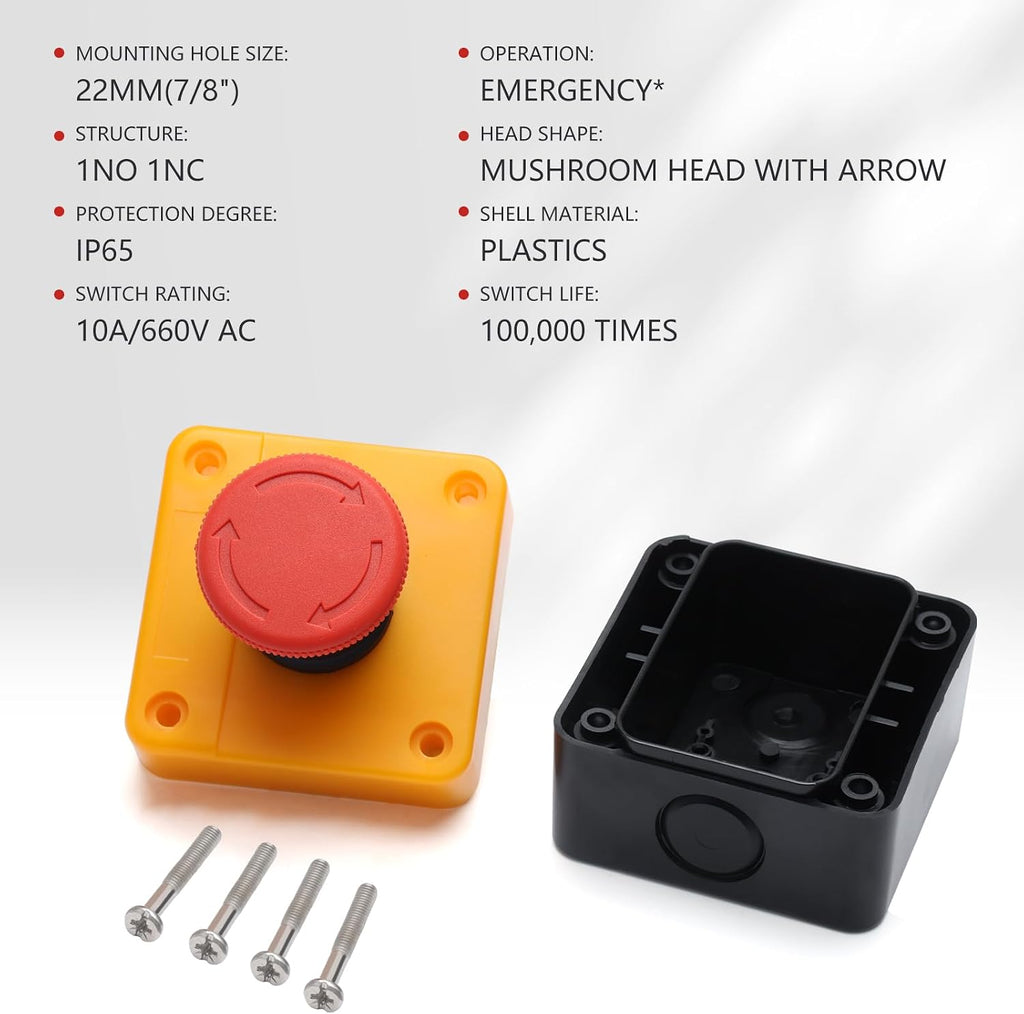 APIELE Emergency Stop Pushbutton Switch 1NO1NC 660V 10A Red Emergency Stop Push Button Switch with Box