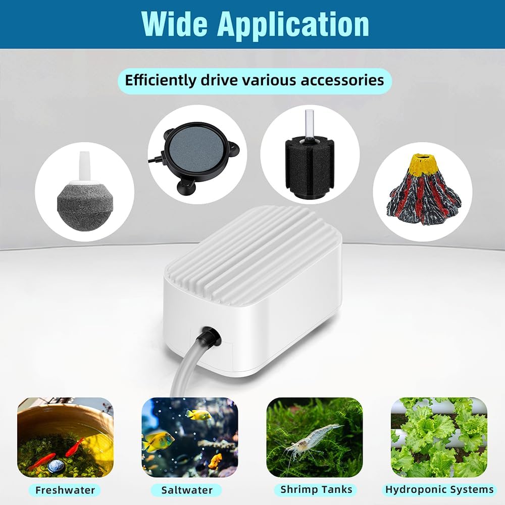 Quiet Aquarium Air Pump 3W Fish Tank Oxygen Aerator Pump with Air Stone Airline Tubing Check Valve Aquarium Bubbler