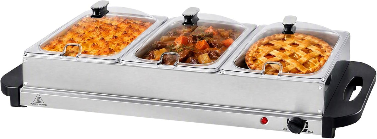 Triple Buffet Server, 7.5Qt Electric Food Warmer with Lids, Silver
