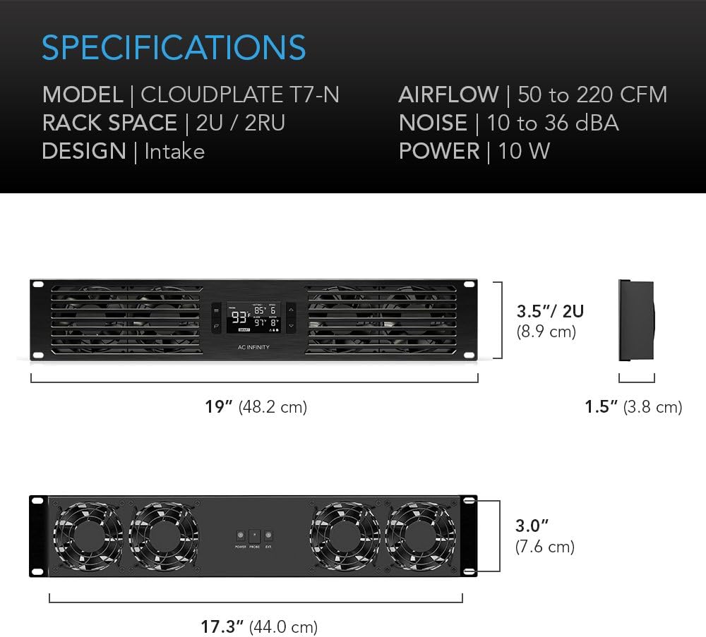 AC Infinity CLOUDPLATE T7-N, Rack Mount Fan Panel 2U, Intake Airflow