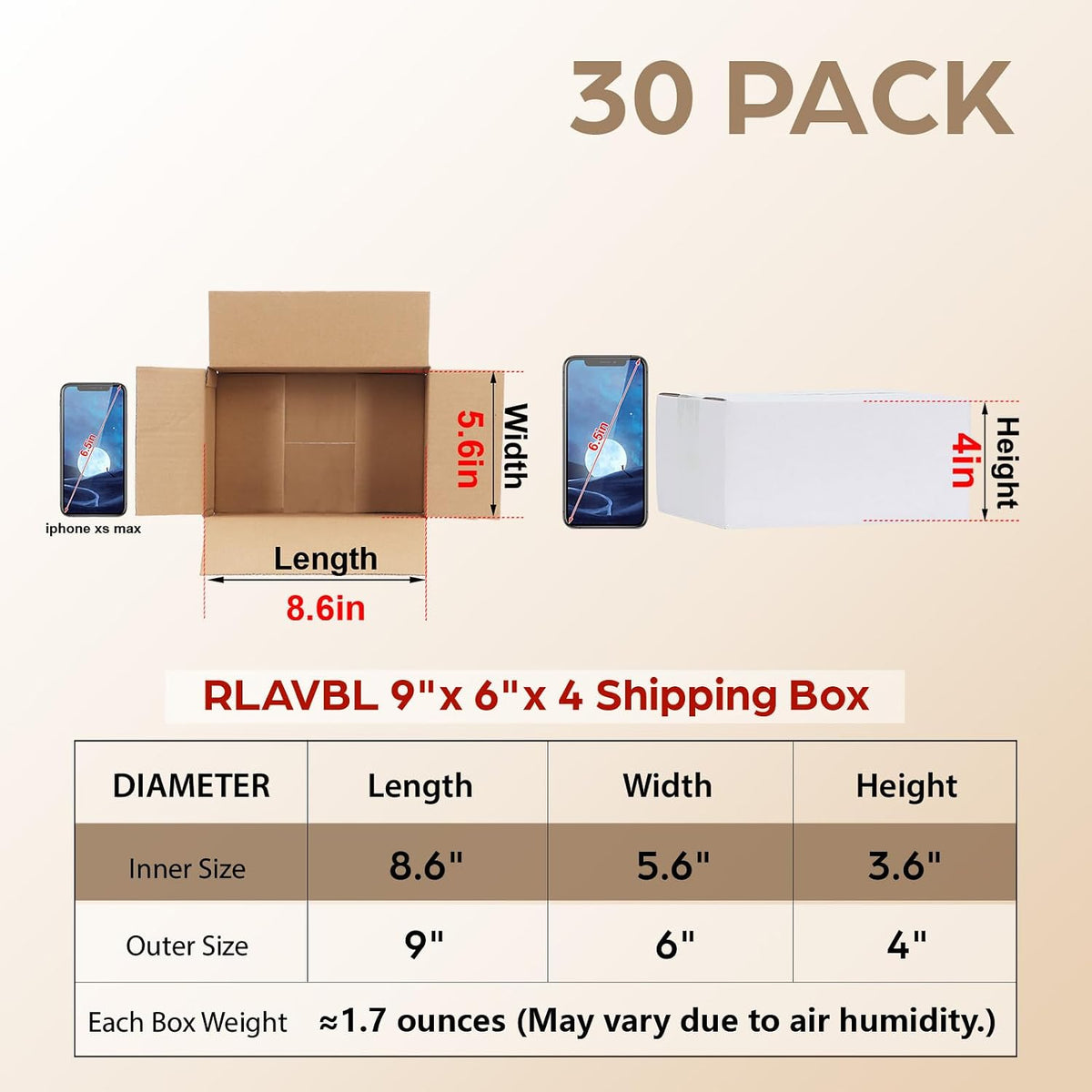 9x6x4 Shipping Boxes Set of 30, White Corrugated Cardboard Box