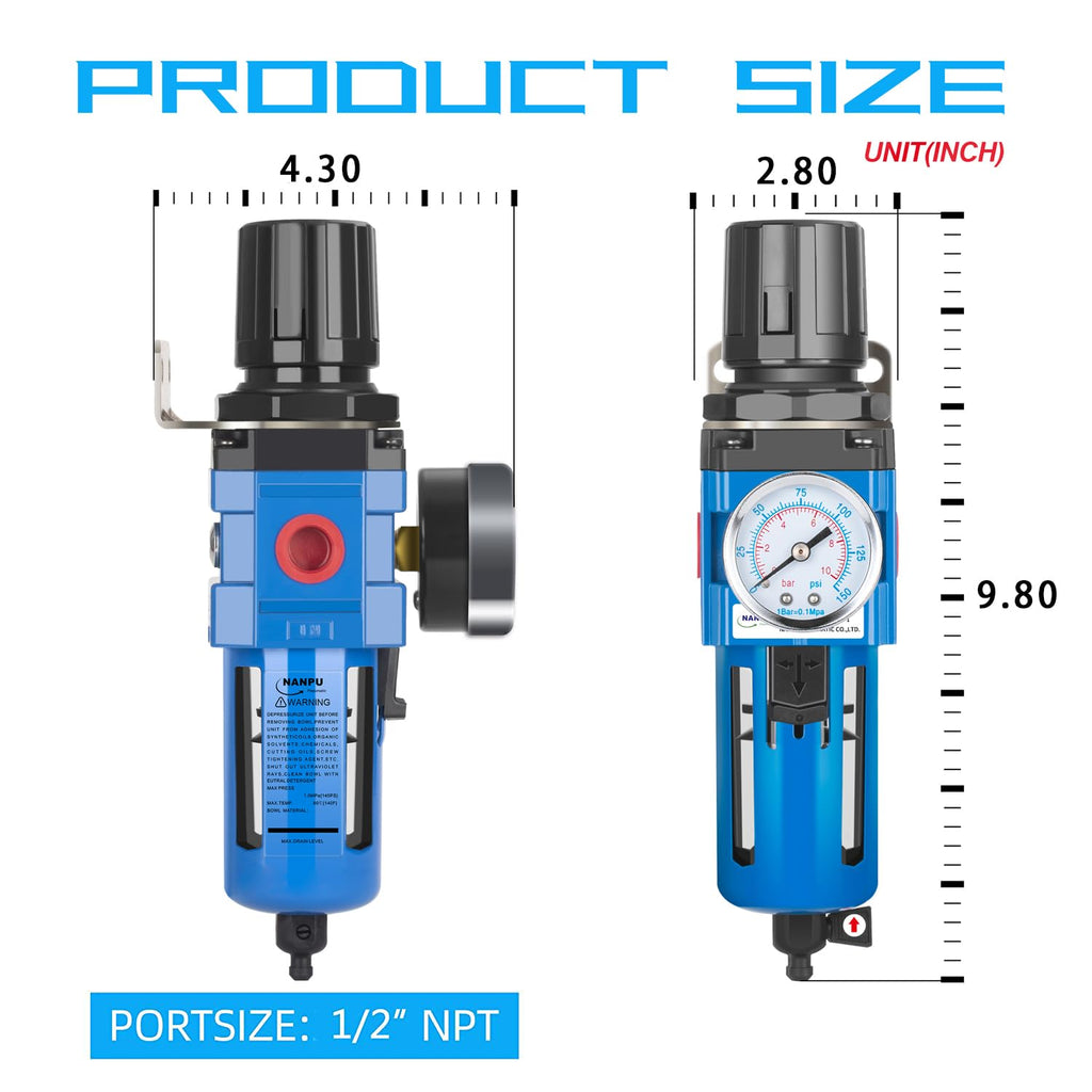 NANPU 1/2" NPT Compressed Air Filter Regulator Combo Piggyback