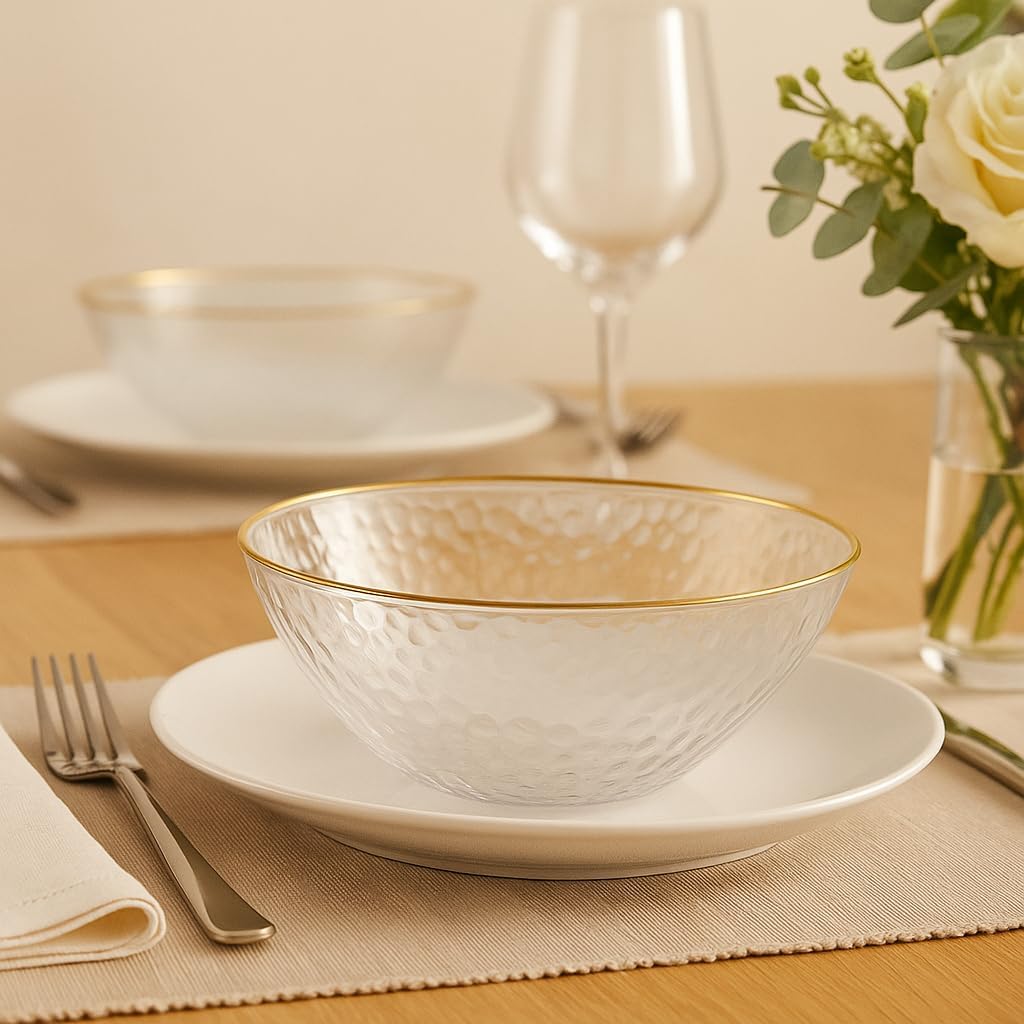 100 Pack Hammered Gold Plastic Bowls Disposable Heavy Duty - 12 Oz Clear Plastic Bowls For Parties - Premium Clear