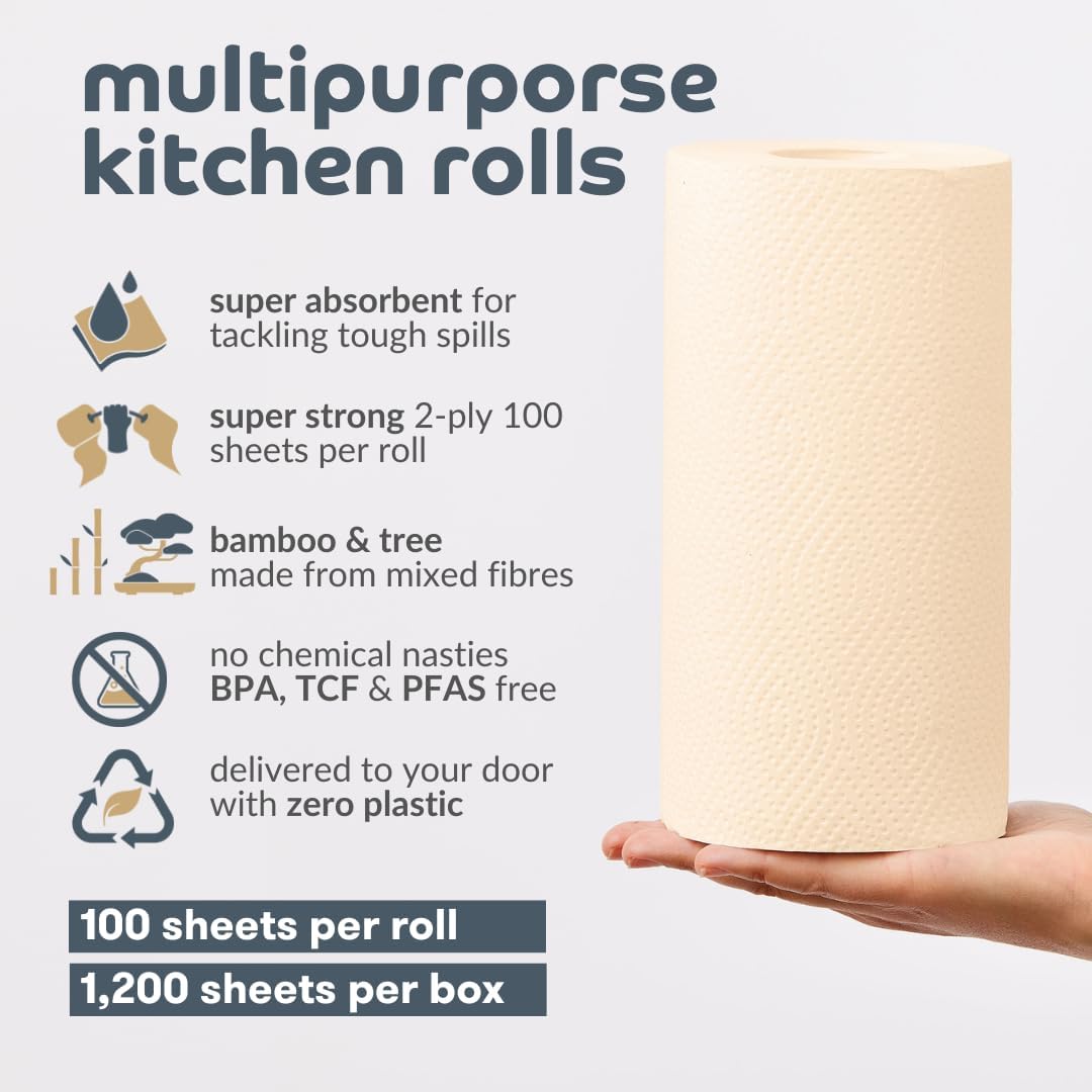 100% Bamboo Unbleached Kitchen Rolls | Pack of 12 Rolls (2-Ply) | FSC Certified | Multipurpose, Plastic-Free