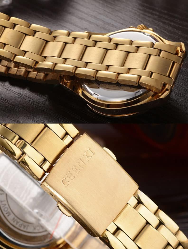 Diamante Dial Fashion Casual Mens Gold Watch Quartz Stainless Steel Water Resistant Wrist Watch