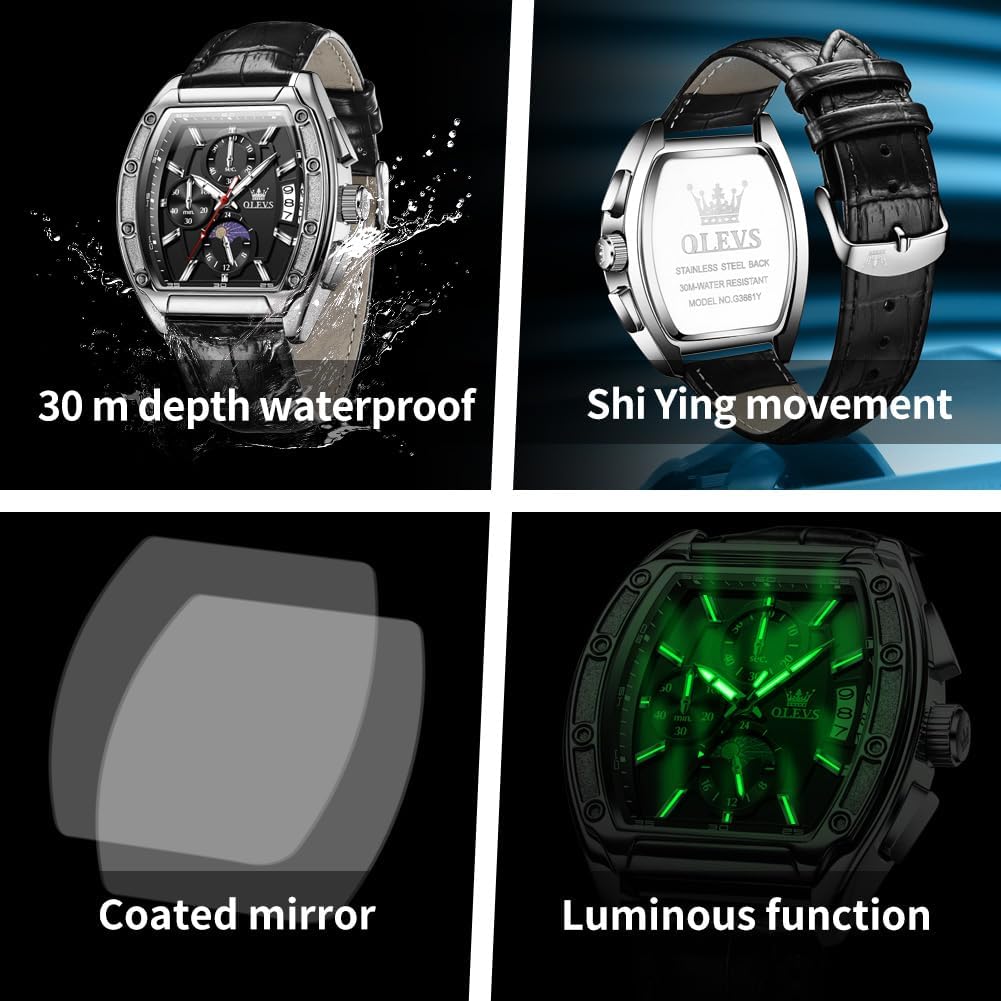 Mens Watches Analog Quartz Chronograph Square Dress Watch for Man Stainless Steel or Leather Band Waterproof Luminous