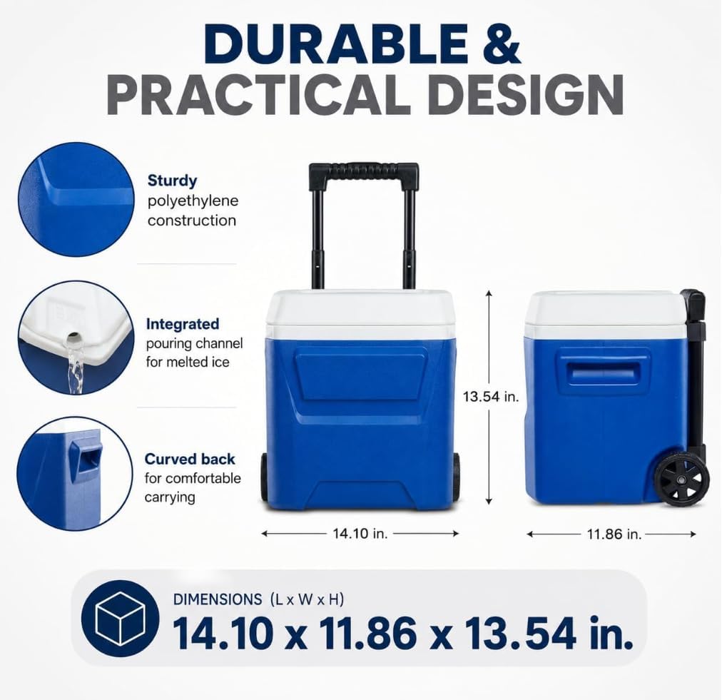 16 QT Laguna Hard Side Ice Chest Cooler with Wheels, Portable Rolling Ice Chest, Blue
