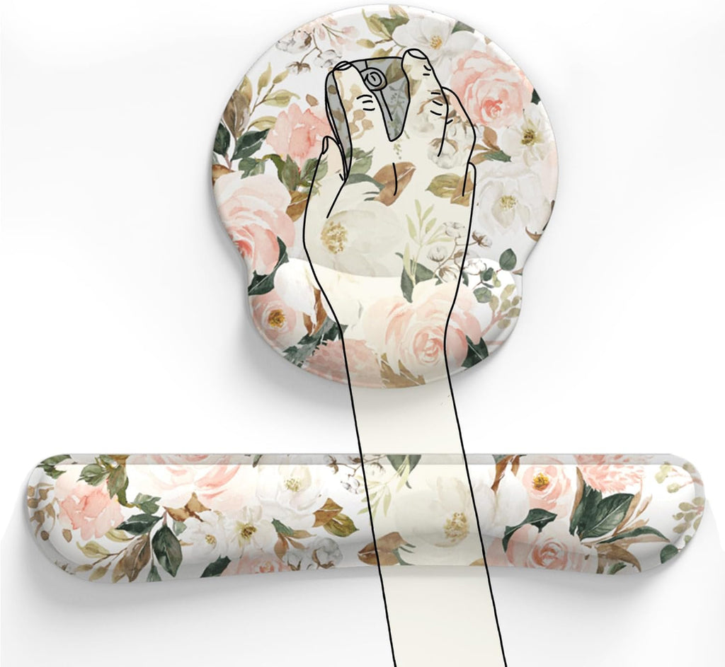 Pink Flower Desktop Mat Aesthetic Wrist Support Keyboard Mouse Wrist Rest Set, Computer Office Comfortable Wrist Rest