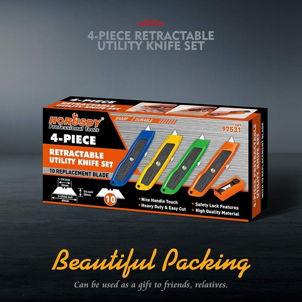4-Pack Box Cutter Utility Knife, Heavy Duty Aluminum Shell Retractable Box Cutter for Cardboard, Boxes and Cartons