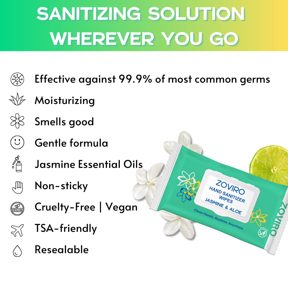 Hand Sanitizer Wipes, Jasmine Essential Oils, 100% Viscose Ultra-Soft Wipes, Moisturizing & Non-Sticky, Jasmine