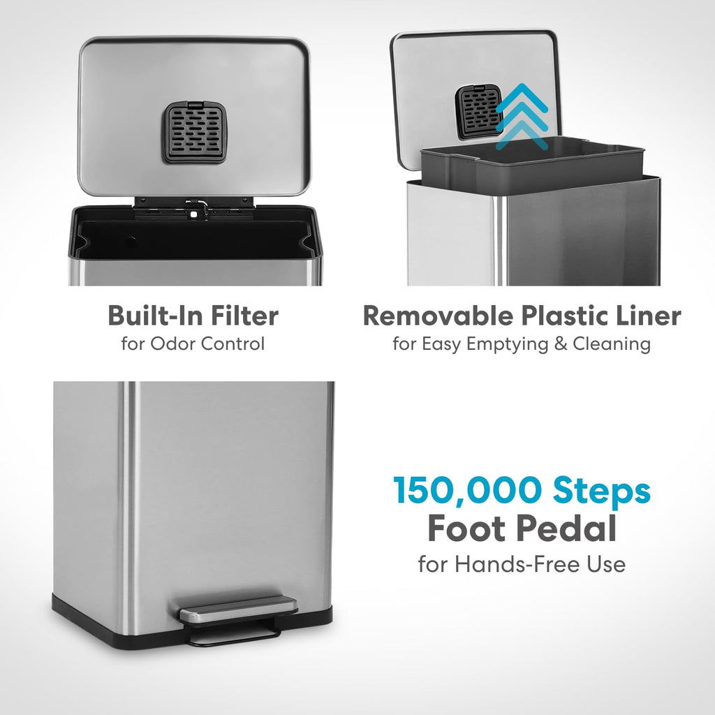 50 Liter / 13.2 Gallon Soft-Close, Smudge Resistant Trash Can with Foot Pedal and Built in Filter- Stainless Steel