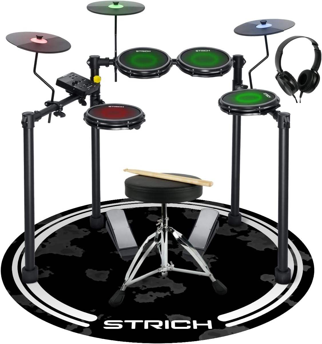 Electric Drum Set with Mesh Heads, LED Light-Up Drum Pads, USB MIDI, Quiet Foldable Electronic Drum Kit with