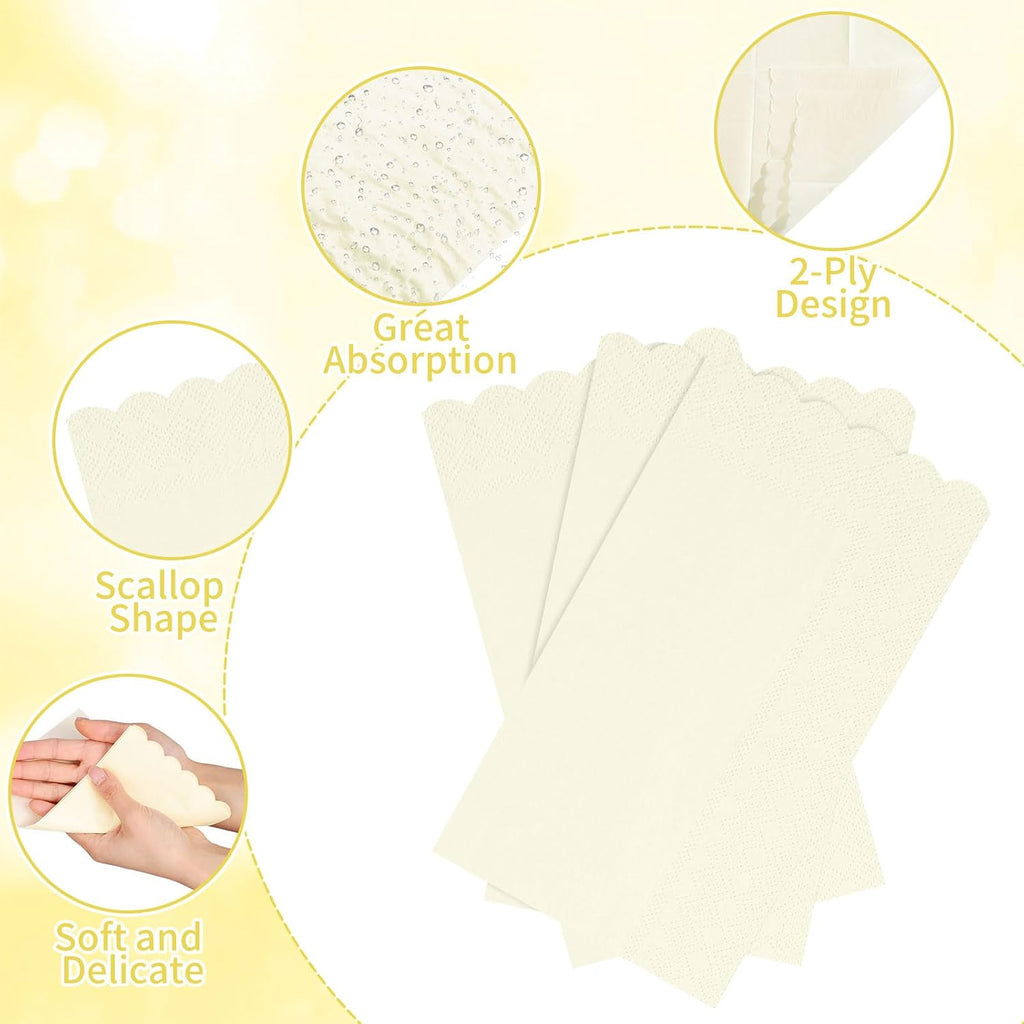 60-Pack Ivory Guest Napkins, Scalloped Disposable Wedding Napkins
