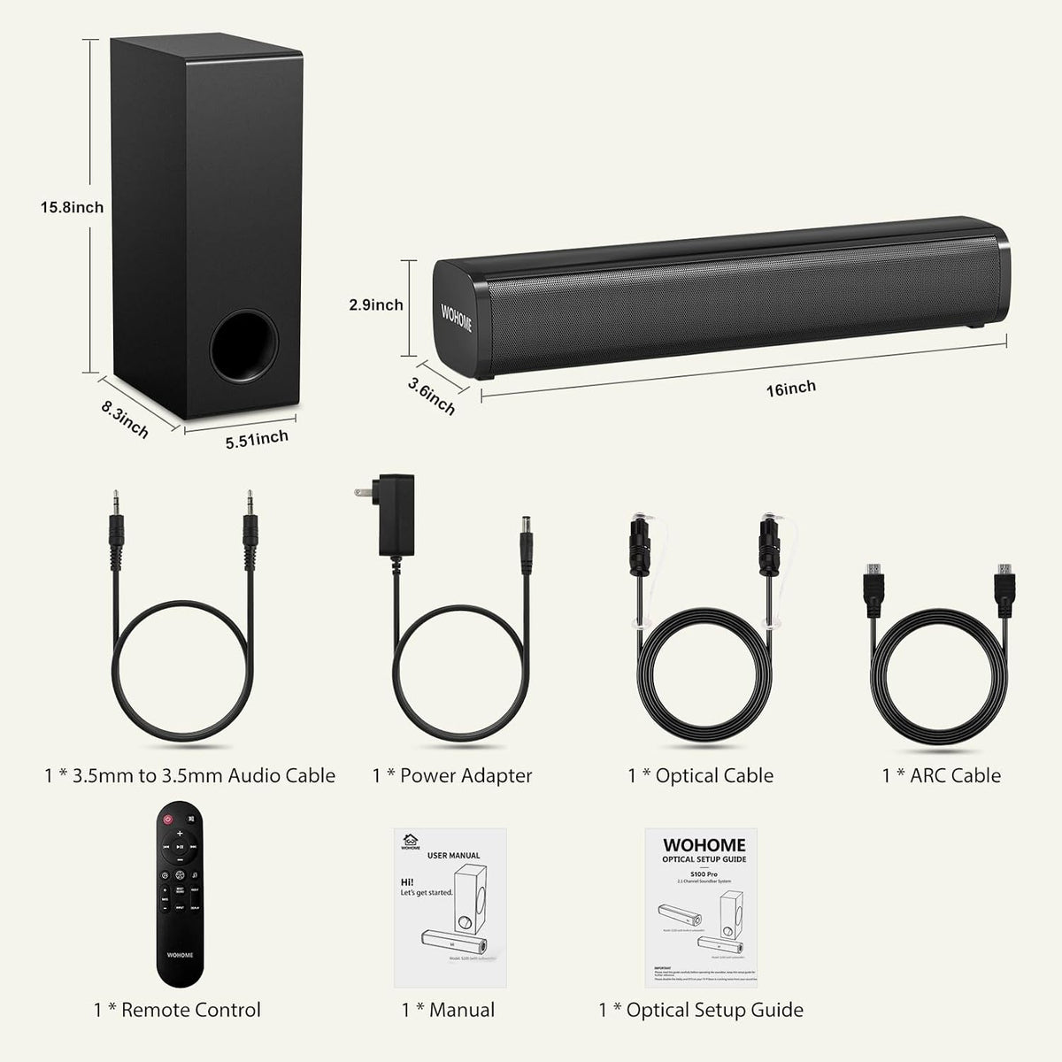 Sound Bar for Smart TV with Wired Subwoofers, 2.1 Channel Small TV Soundbar Speakers, Home Theater Surround Sound