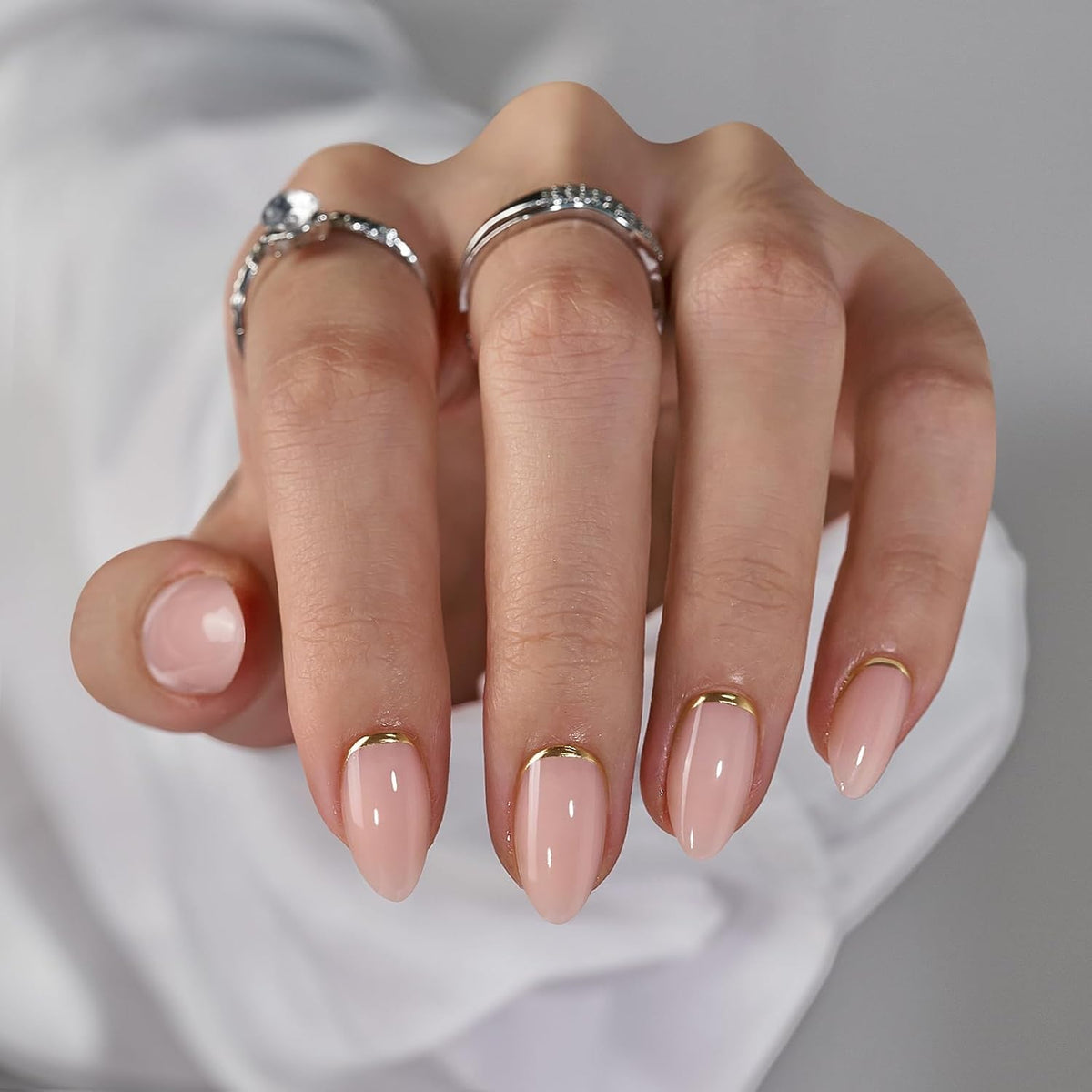 Press On Nails, Almond Short Nude Fake Nails, 32Pcs Full Kit