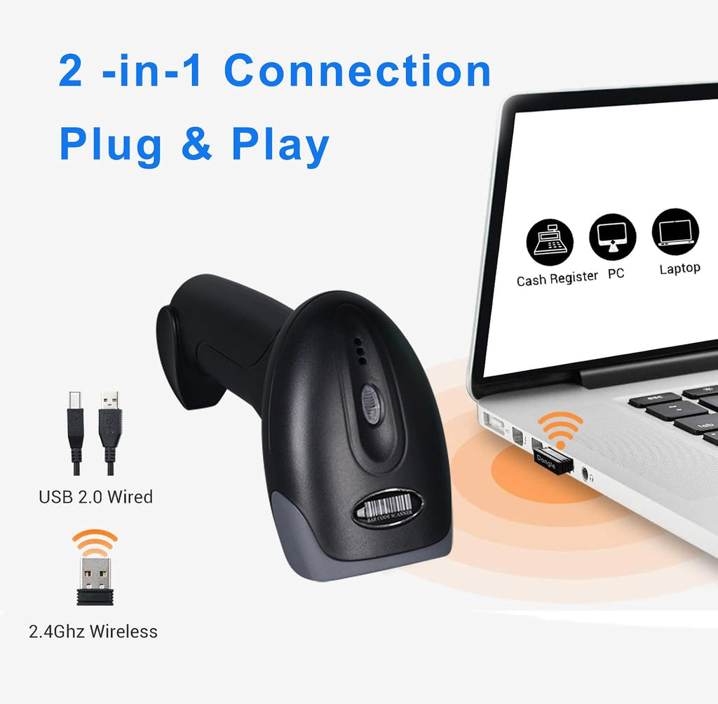 1D 2D QR Barcode Scanner Wireless, Handheld Cordless Bar Codes Reader | with 2000mAh Battery for Mobile Payment
