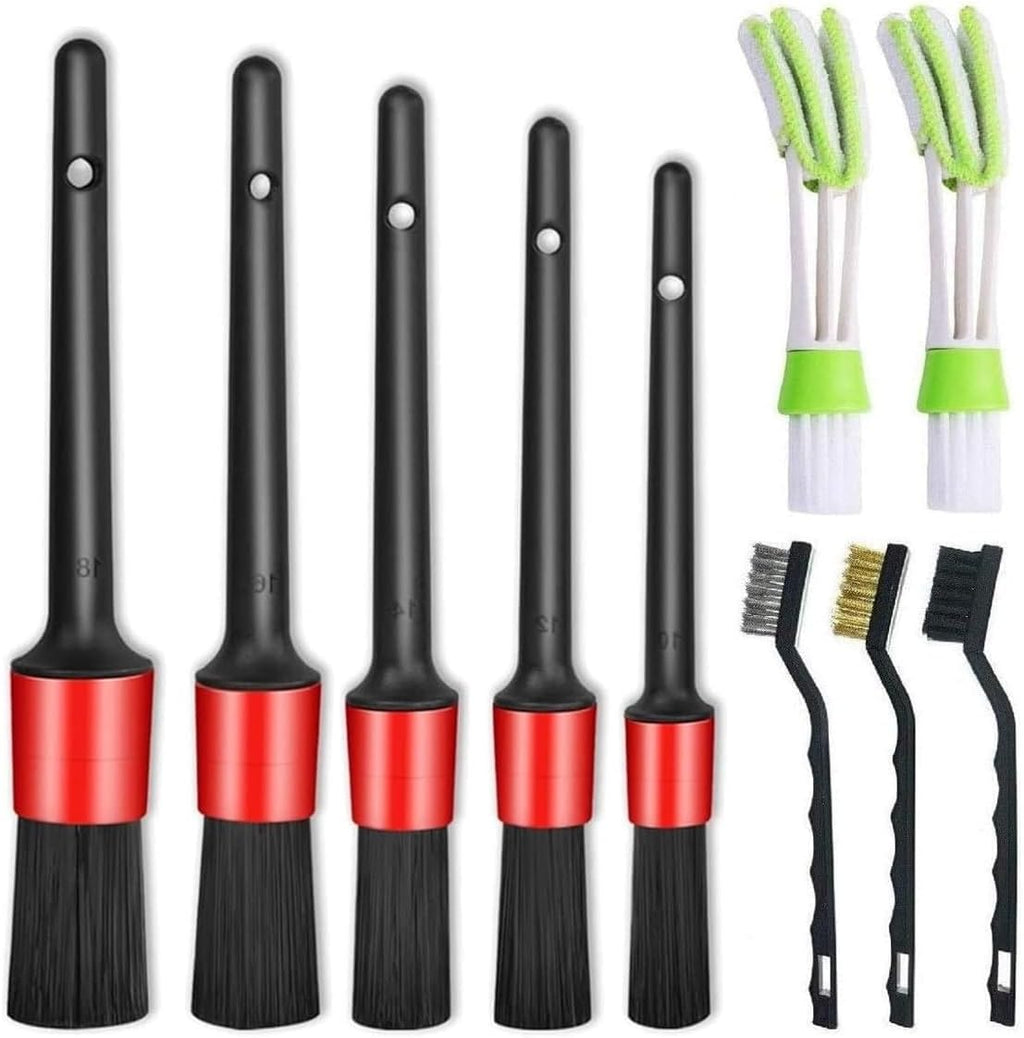 11Pcs Auto Detailing Set, Boar Hair Brushes, Steel Wire & A/C Brushes, Red, Soft Bristles, Wood Handles for Cleaning