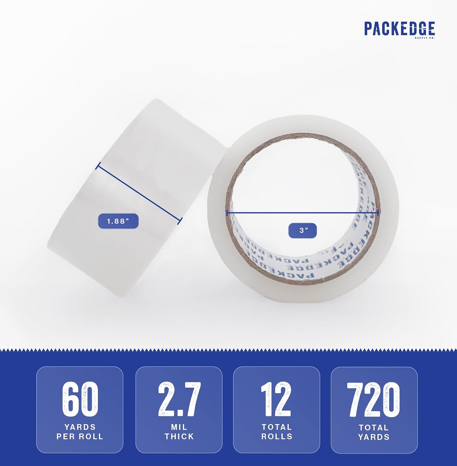 Clear Packing Tape, 12 Rolls, 1.88 in x 60 Yd Heavy Duty Shipping | 2.7 Mil Thick, 720 Total Yards. Ideal for Moving