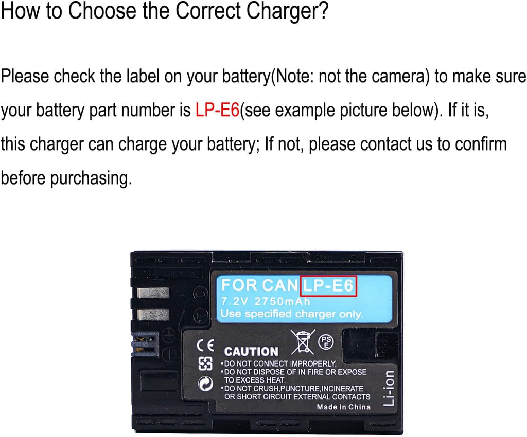 LP-E6 Battery Charger for Canon EOS 60D, 60Da, 6D, 70D, 7D, 7D Mark II, 5D Mark II, 5D Mark III, Replacement for