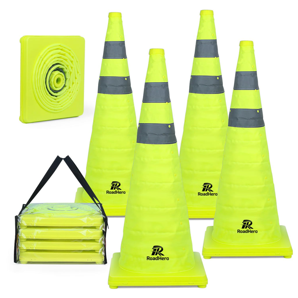 28 Inch 4 Pack Collapsible Traffic Safety Cones with Bag, Green | Pop-up Design, Reflective Collar, Road Safety