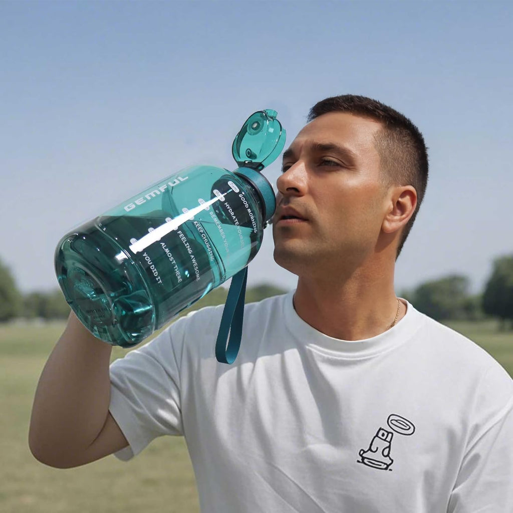 64oz Motivational Water Bottle 2 Liter Sports Jug for Gym (Cyan) | BPA-Free, 64oz Capacity, Time Marker Tracks Daily
