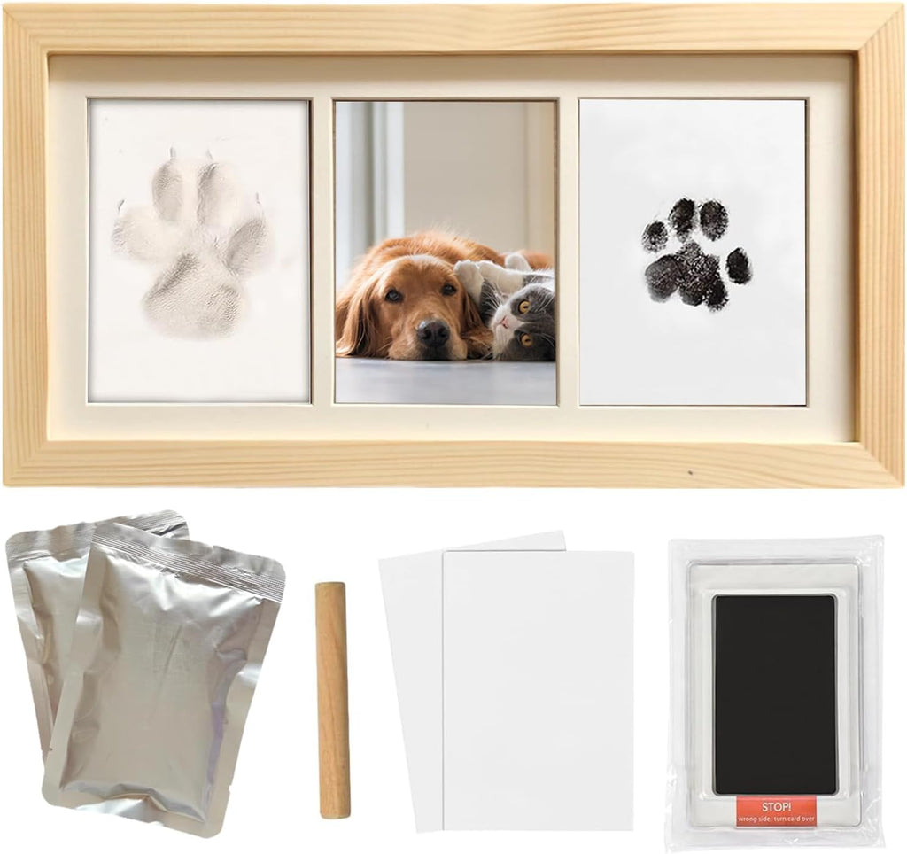 Paw Print Impression Kit for Dogs and Cats, 2 Clay, Large Ink Pad, Wooden Picture Frame, Pet Memorial Keepsake, Gift