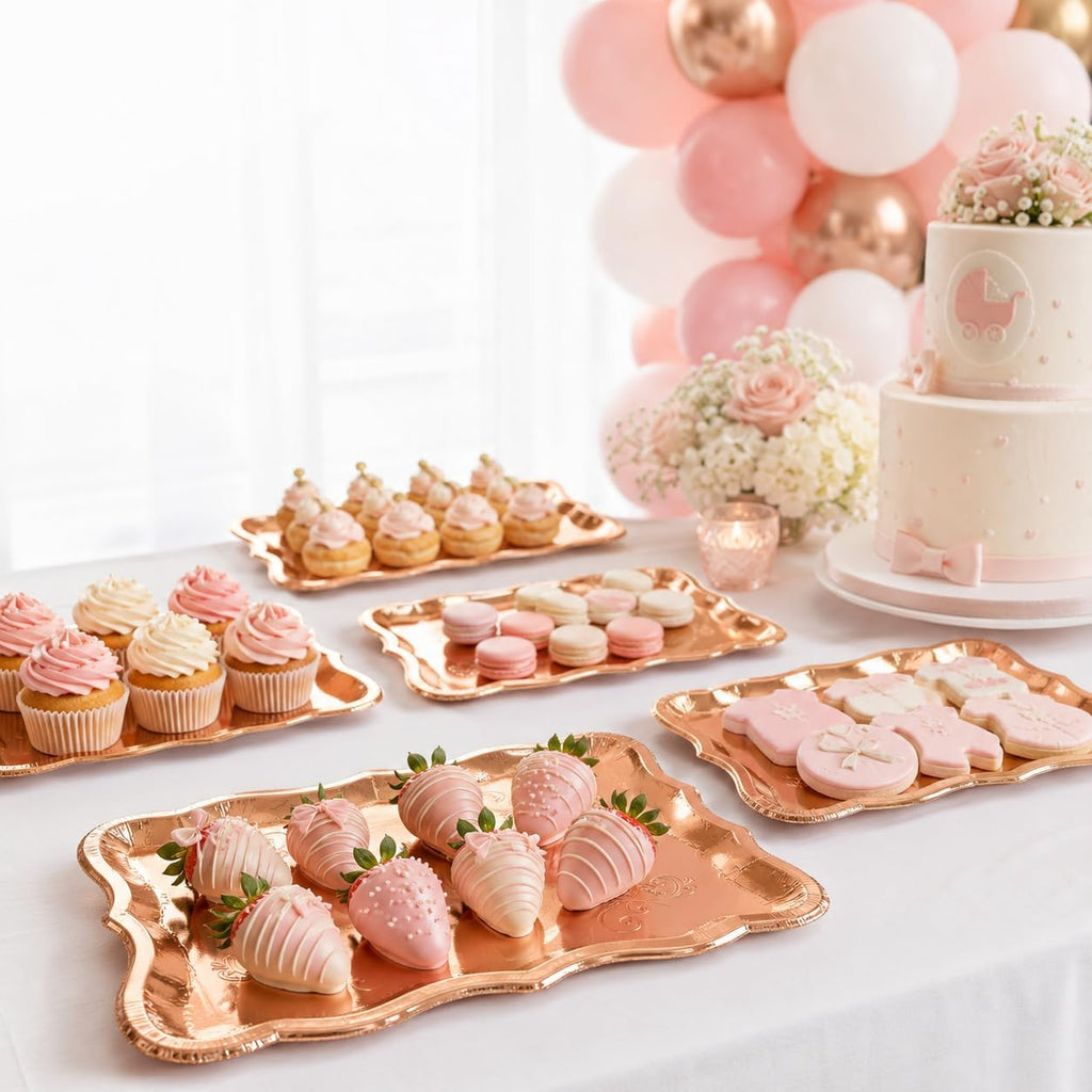 Rose Gold Serving Trays 10 Pack Heavy Duty Disposable Paper Platters