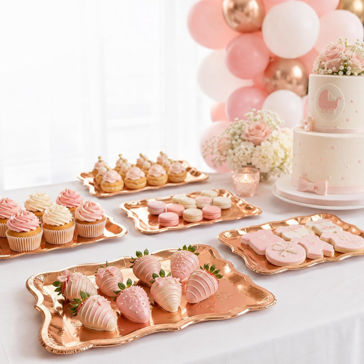 Rose Gold Serving Trays 10 Pack Heavy Duty Disposable Paper Platters