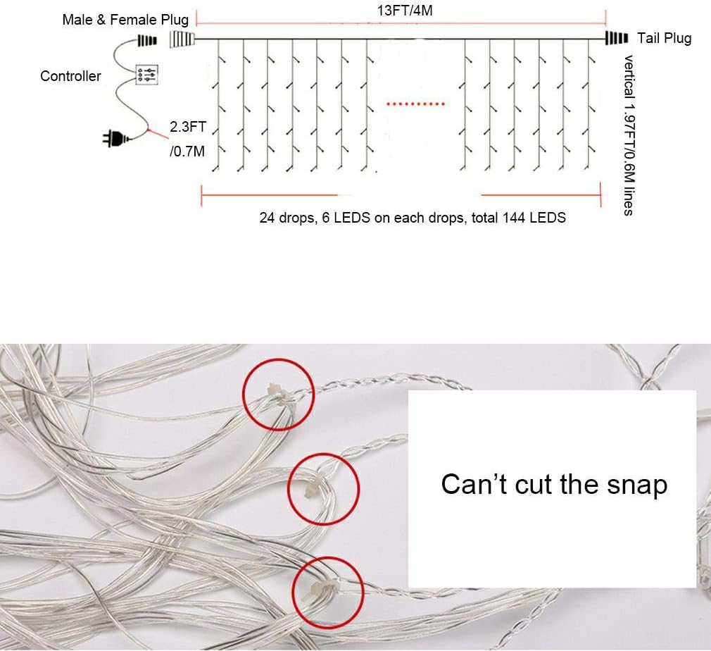 Icicle Dripping Lights, 13FT 144 LEDs 8 Modes Christmas Connectable Twinkle Window Curtain Fairy Waterfall Diwali
