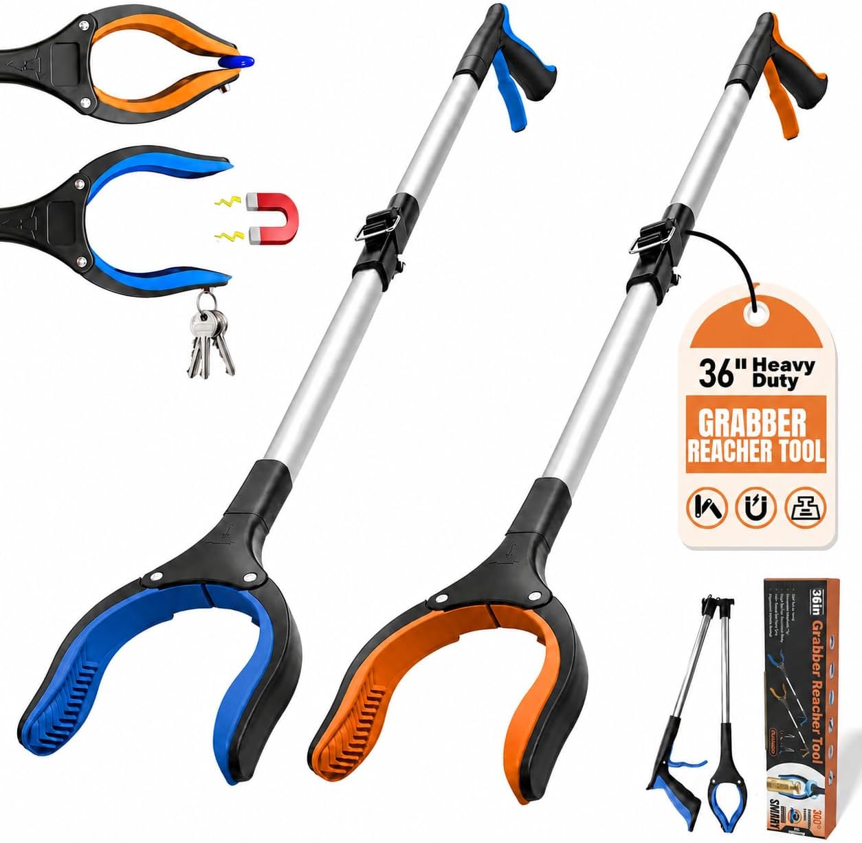 2 Pack 36" Magnetic Grabber Reacher Tool, Extra Long Reacher Grabbers, Easy Foldable Trash Pickup Tool, Heavy Duty